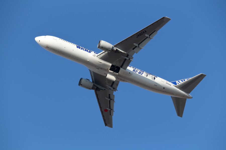宮崎空港を離れ東京に向かうANAスターウォーズ機B767
