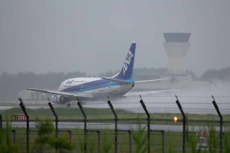 雨の日の宮崎空港を立つANAスーパードルフィン