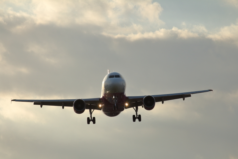夕方宮崎空港に着陸するピーチ機の画像飛行機