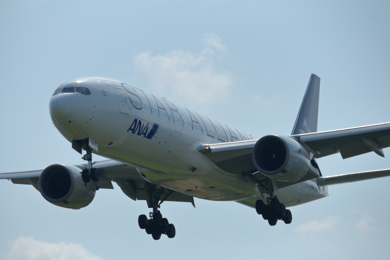 2回目の着陸態勢で宮崎空港にランディングしたANAスタアラ仕様のヒコーキ機