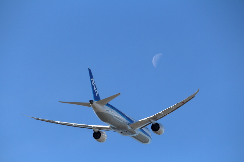 宮崎空港を離陸直後月と遭遇したB787飛行機